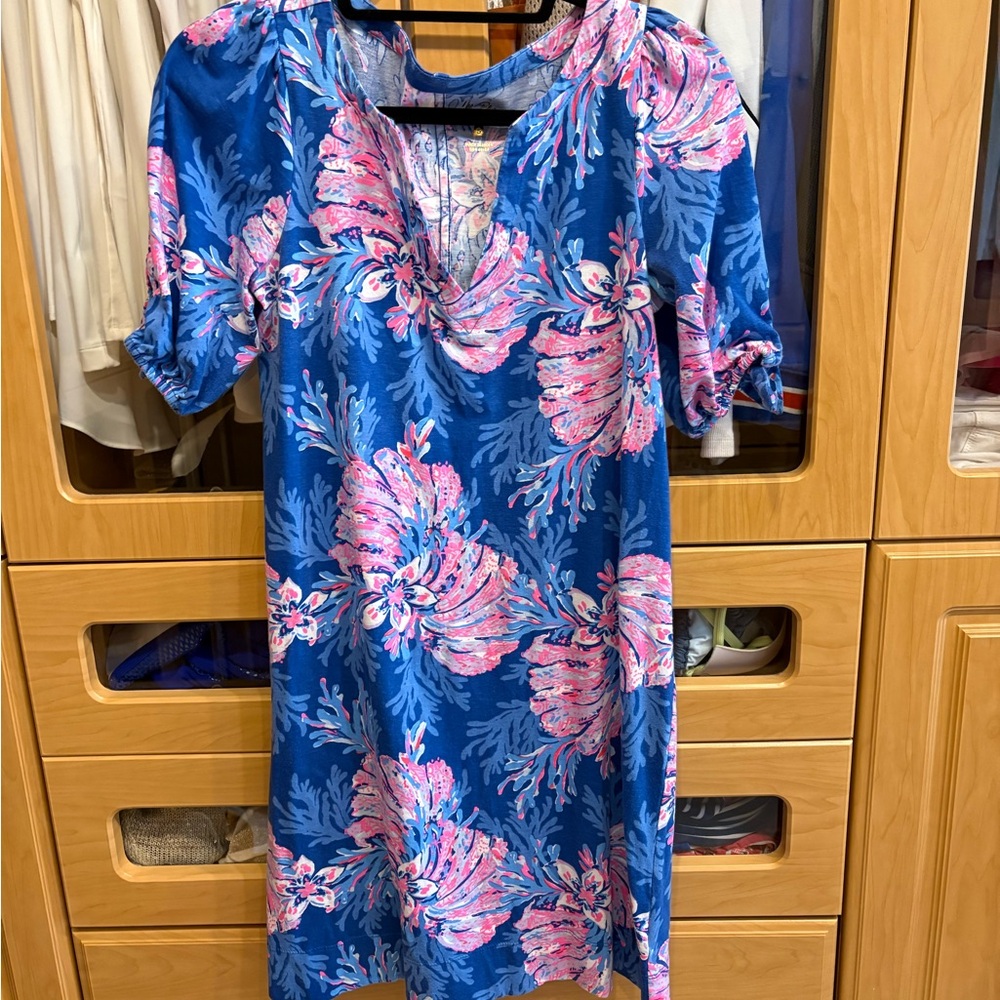 Lilly Pulitzer Blue Dress with Pink Floral Print size small
